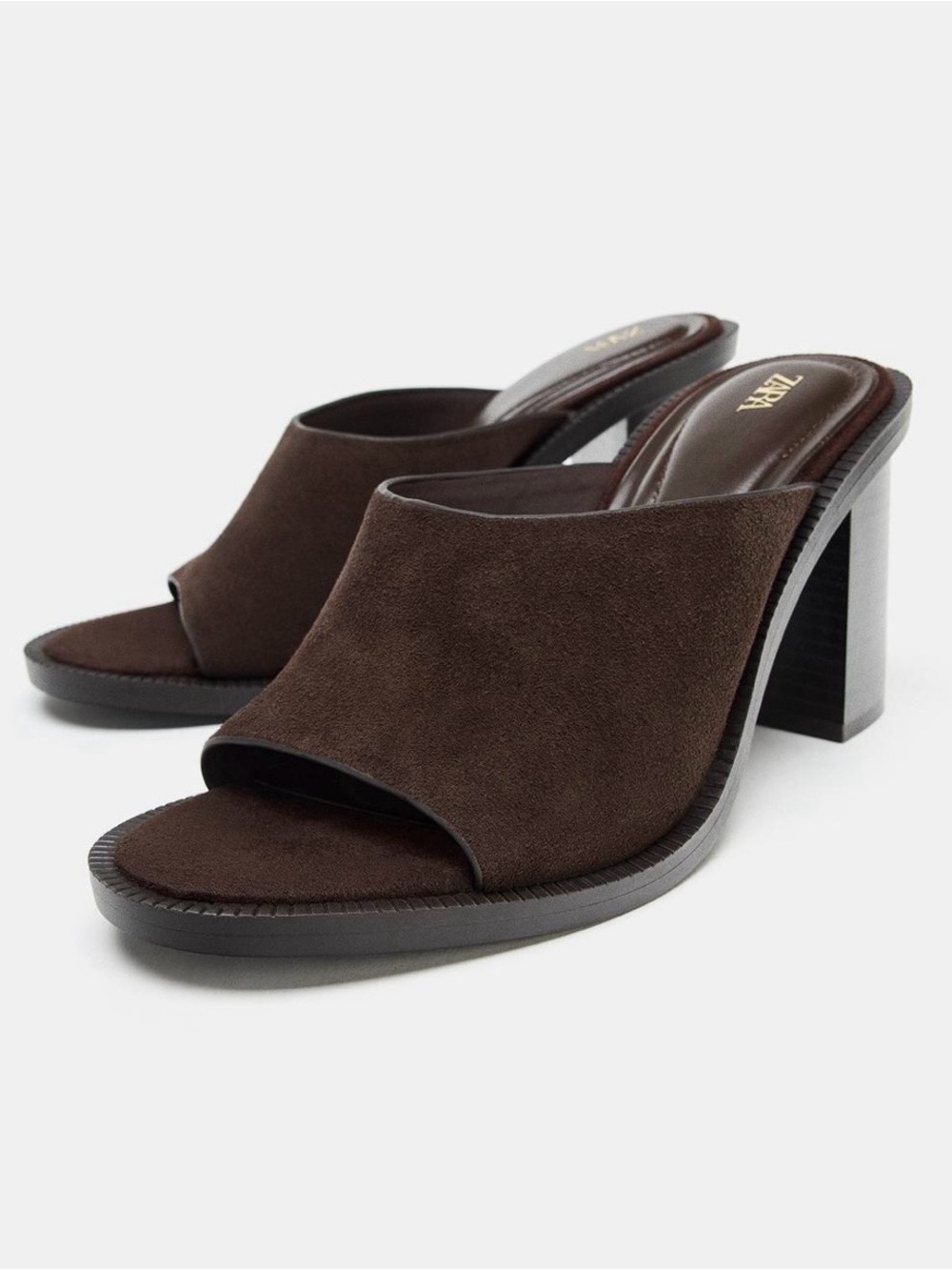 Zara Dark Brown Suede Open-Toe Block Heel Mule